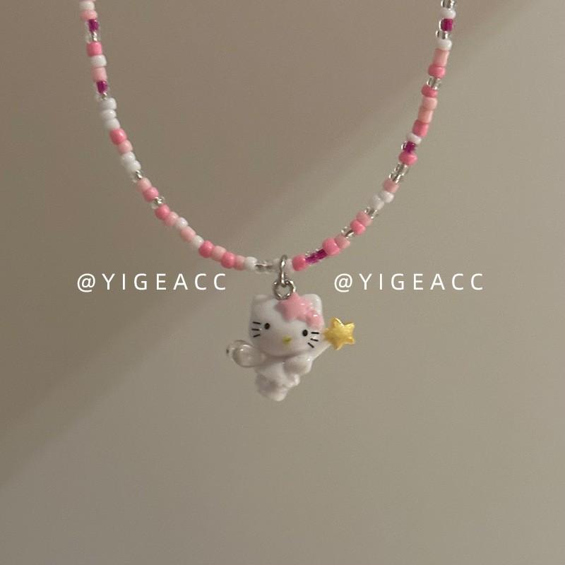 Acrylic Cartoon Pendant Necklace Girls - Colorful Beaded Chain Kawaii Cat Design Sweet Princess Style Jewelry Accessory