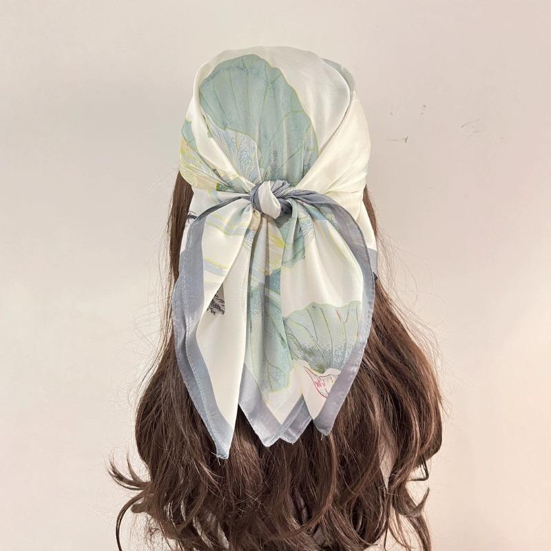 70cm Fresh Lotus Silk Scarf Women's Imitation Silk Fresh and Elegant Printed Scarf Thin Spring Summer and Autumn Shawl Headscarf