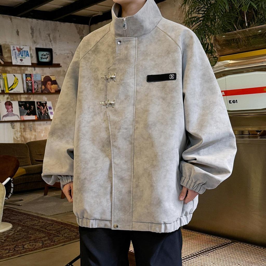 Мужская куртка из ПУ кожи с воротником-стойкой и металлической пряжкой - Ретро-стиль тай-дай для весны и осени