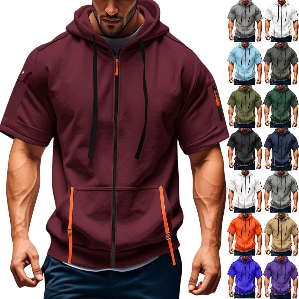 Men's Casual Short-sleeved Sweatshirt. Loose And Breathable Solid-color Sweatshirt Jacket With Multiple Pockets And A Zipper.