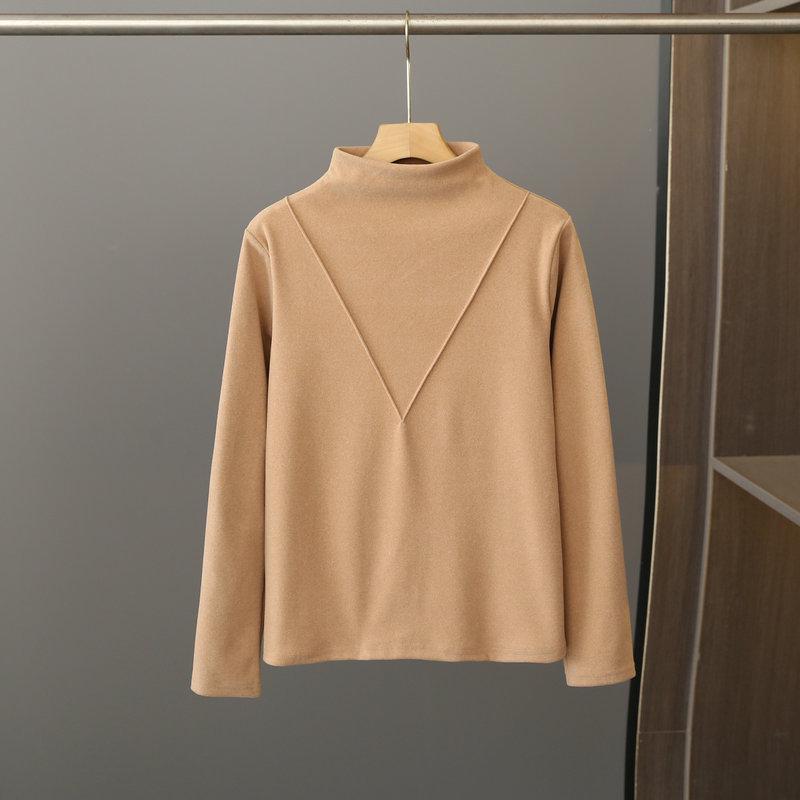 Women's Black Long-Sleeve Half-Turtleneck German Velvet Shirt - Stylish V-Cut Design for Autumn and Winter