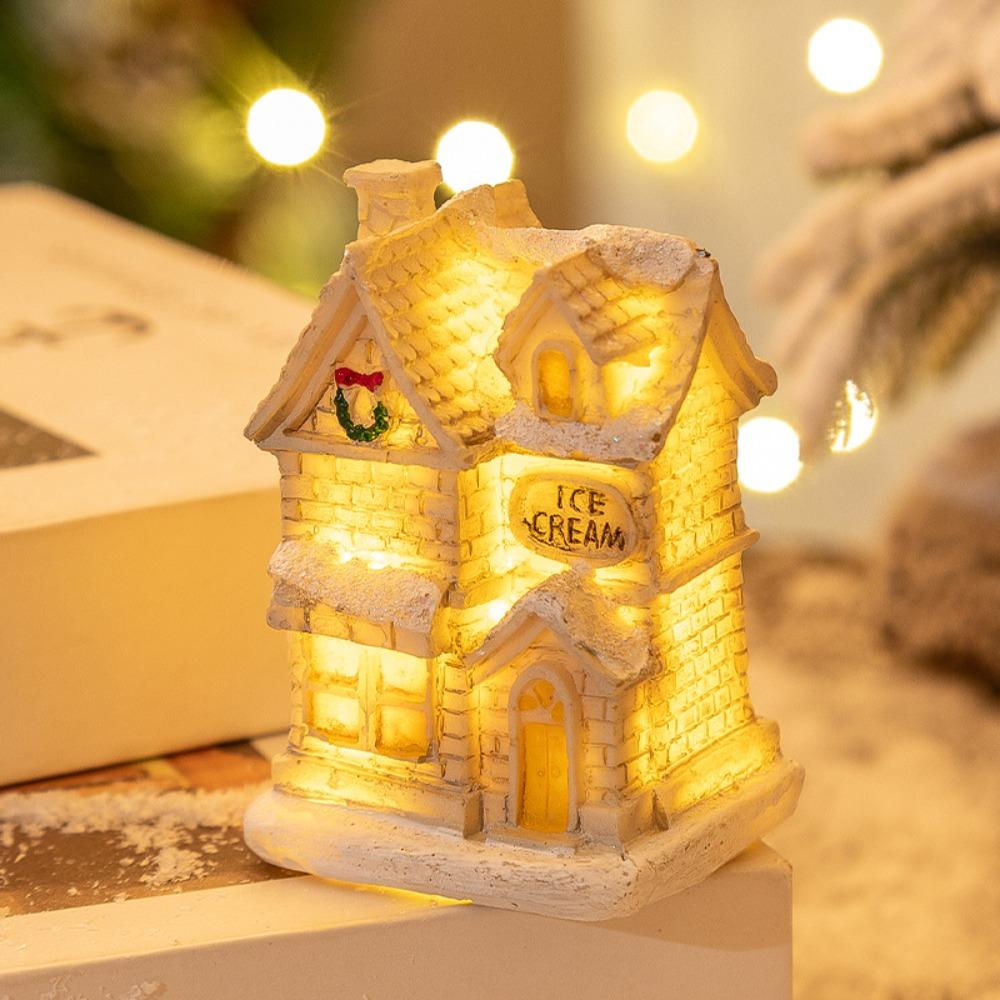 White LED Light Snow House Resin Xmas House Ornament  New Year Decoration
