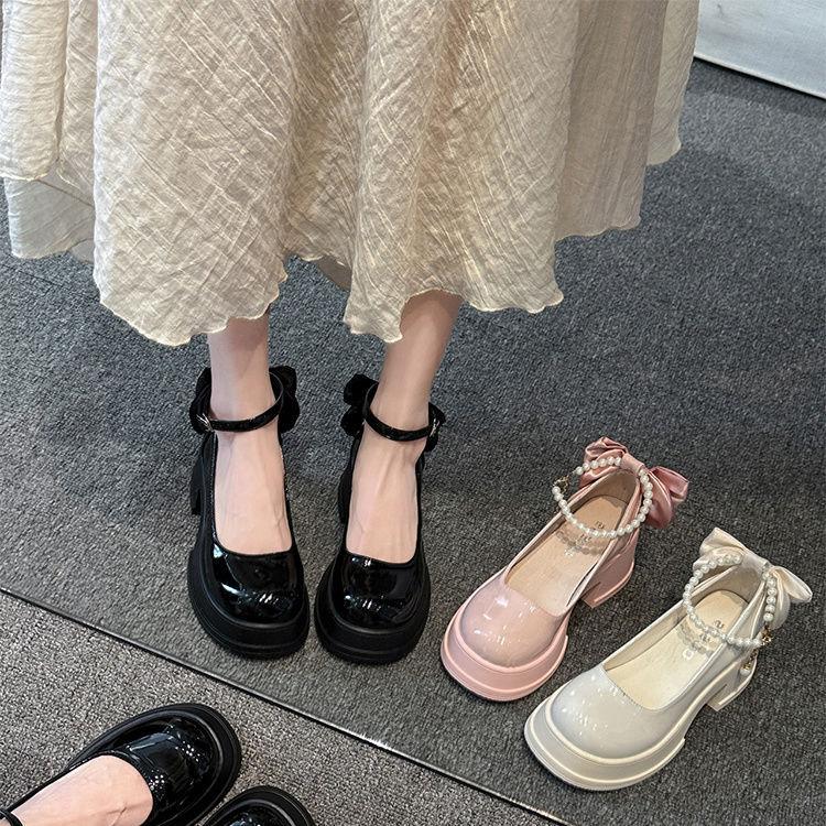 Женские туфли-лодочки 2025 весна и осень новые с бантом французские туфли на высоком толстом каблуке Мэри Джейн платформа маленькие кожаные туфли