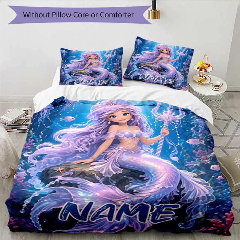 3pcs Custom Name Mermaid Bedding Set Duvet Cover Closure Includes 1 Duvet Cover & 2 Pillowcases, Soft and Comfortable for All Seasons.