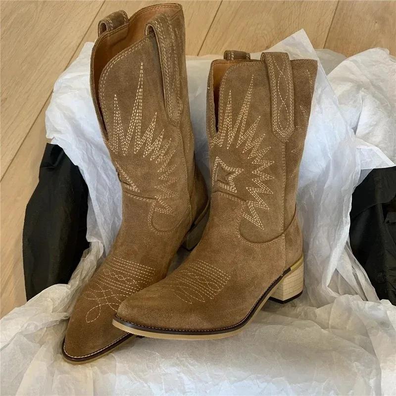 Women Western Boots 2024 Autumn Winter Embroidery Flower Women Ankle Boot Fashion Women Shoes Pointed Toe Cowboy New Retro Botas