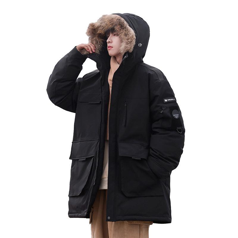 Пуховик с капюшоном, модный, средней длины, утепленный, теплый, для пары, зимний, новый, с меховым воротником, в стиле милитари, мужской