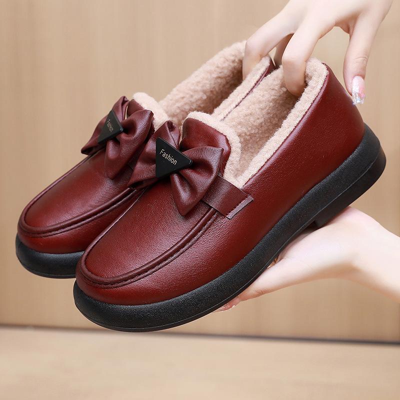 Cotton Shoes Women's Winter 2025 Velvet Small Fragrant Wind One Pedal Thickened Fashionable Mother Cotton Boots Warm Pregnant Women Work Leather Boots