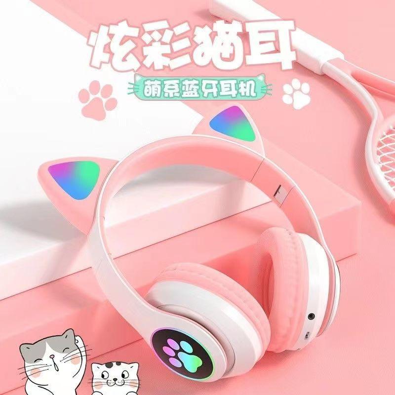 Мультяшная светящаяся гарнитура с кошачьими ушками, Bluetooth-гарнитура, беспроводная игровая гарнитура для киберспорта для девочек, новая