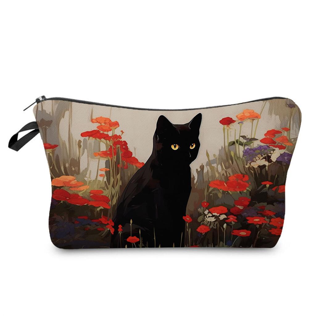 Black cat printed cosmetic bag, daily travel nail polish storage bag, lipstick skin care product clutch bag