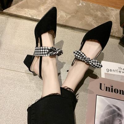 Модные женские босоножки с острым носком, летние туфли на высоком каблуке, замшевая ткань, пляжная обувь для отдыха, квадратный каблук, бант, женская обувь