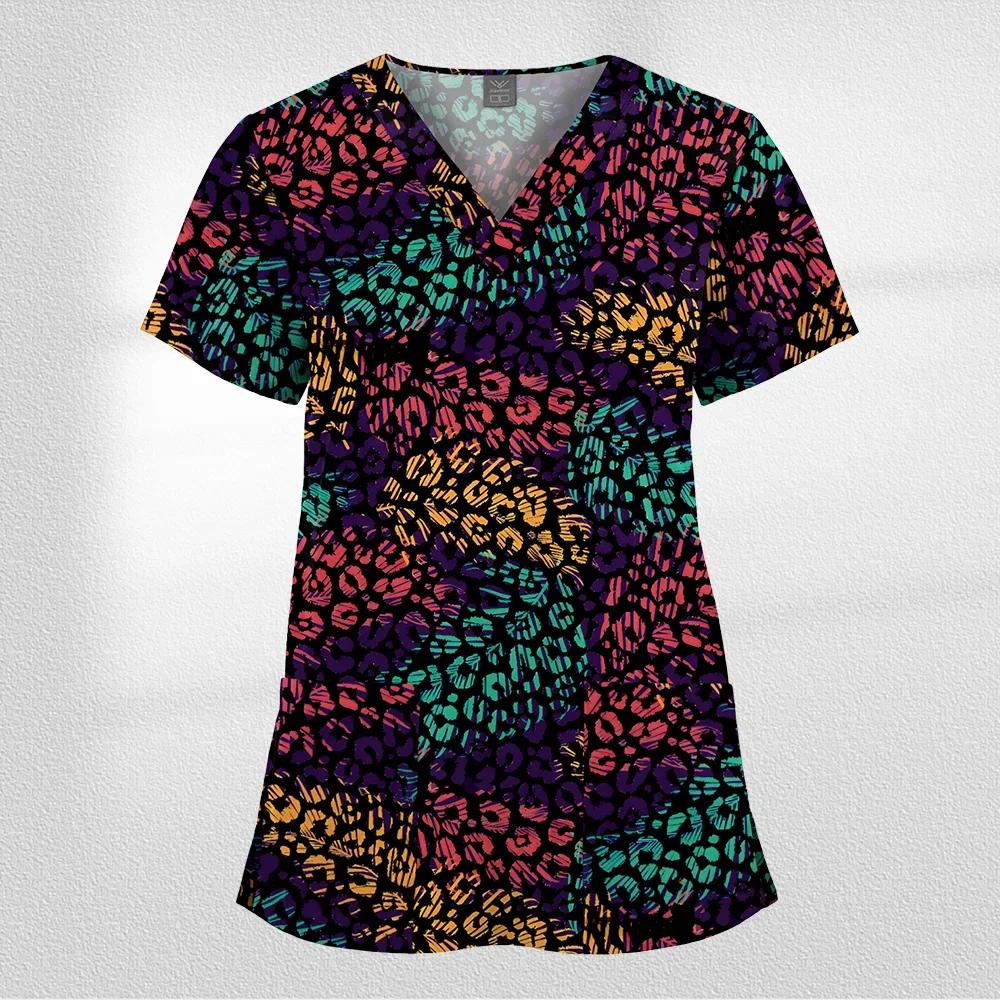 Women Working Uniform Cartoon Animal Print Short Sleeve V-neck T-shirt Tops Femme Blouse Nurse Work Wear Size XXS-6XL