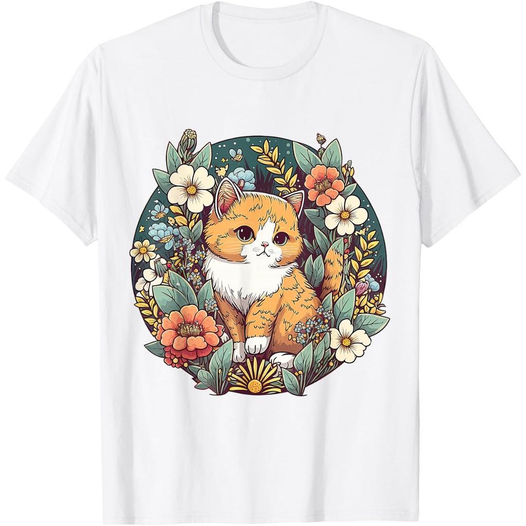 Cute Cottagecore Floral Cat Aesthetic Graphic Tee for Unisex Breathable Short Sleeve T-Shirt
