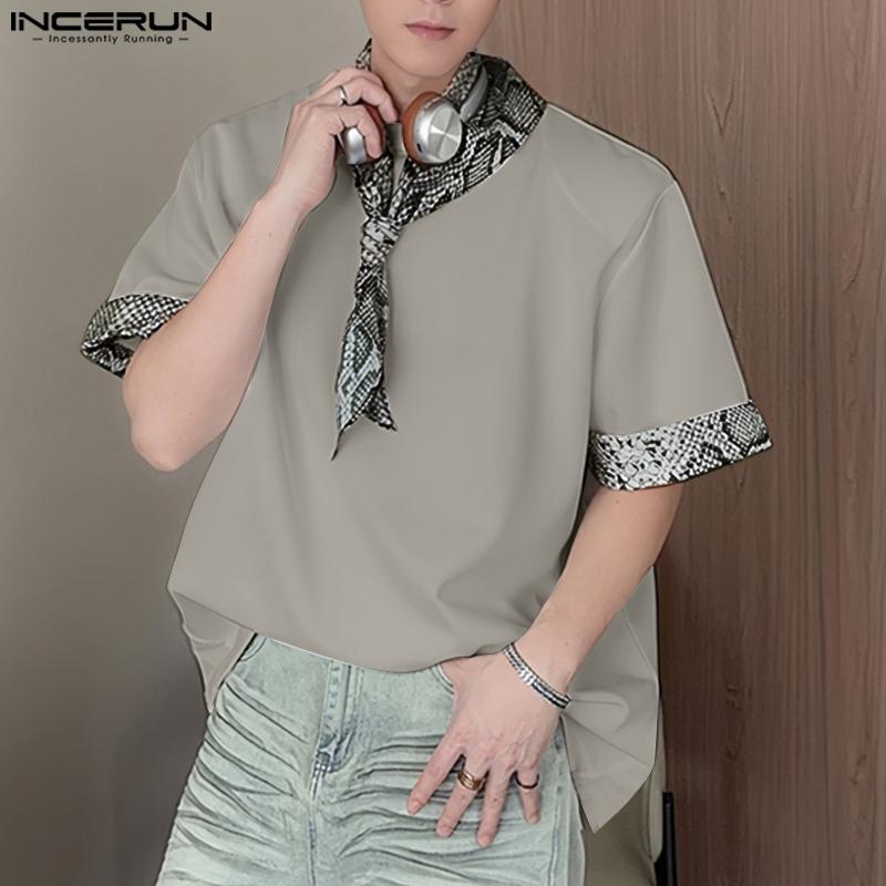 INCERUN Мужские футболки с коротким рукавом на завязках, повседневные топы с леопардовой строчкой