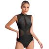 Womens Figure Skating Dance Leotard Sparkly Rhinestones Sheer Mesh Patchwork Sleeveless Cutout Back Bodysuit for Gymnastics