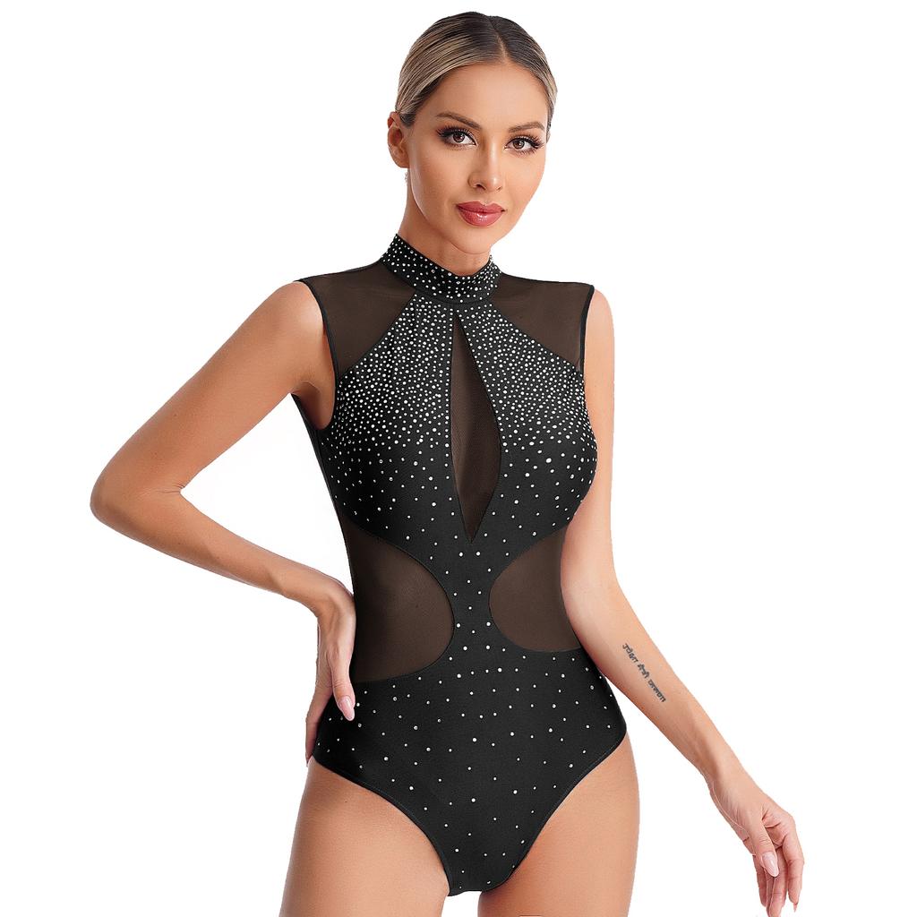 Womens Figure Skating Dance Leotard Sparkly Rhinestones Sheer Mesh Patchwork Sleeveless Cutout Back Bodysuit for Gymnastics