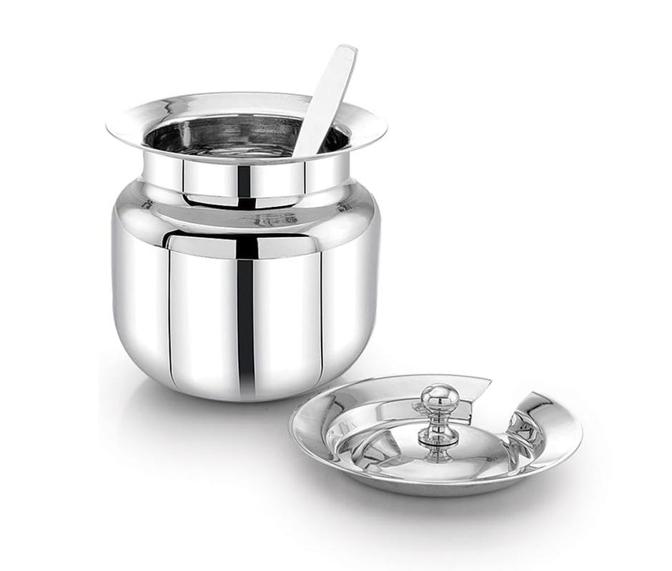 TreegoArt Stainless Steel Ghee Pot With Spoon And Lid Multipurpose Oil, sauce, ghee storage container For Kitchen - 400 Ml Pack Of 1