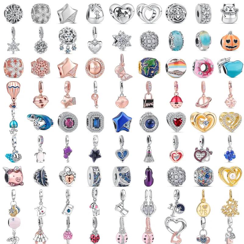 92 Стиль 925 Серебряная Звезда Луна Солнце Снежинка Растение Перо Сердце Тонкие Бусины Паве Подходит Оригинальные Подвески Браслет DIY Ювелирные Изделия