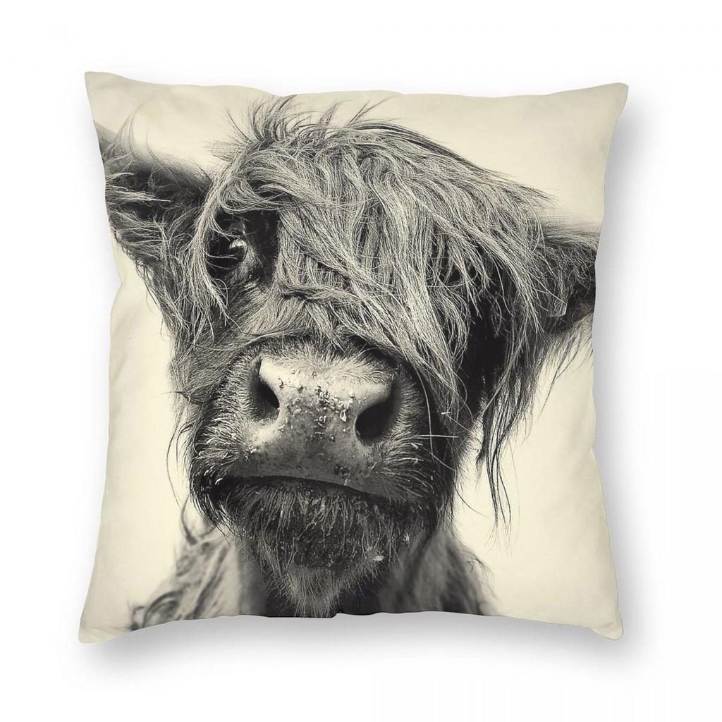 Highland Cow Square Pillowcase Polyester Linen Velvet Printed Zip Decor Sofa Cushion Cover