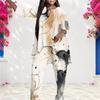 Women Plus Size Two Piece Pants Set Round Neck Long Sleeve Printed Layered Top Long Pants