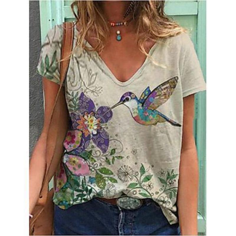 Летний топ с V-образным вырезом и 3D-принтом птицы, модная повседневная женская футболка с коротким рукавом