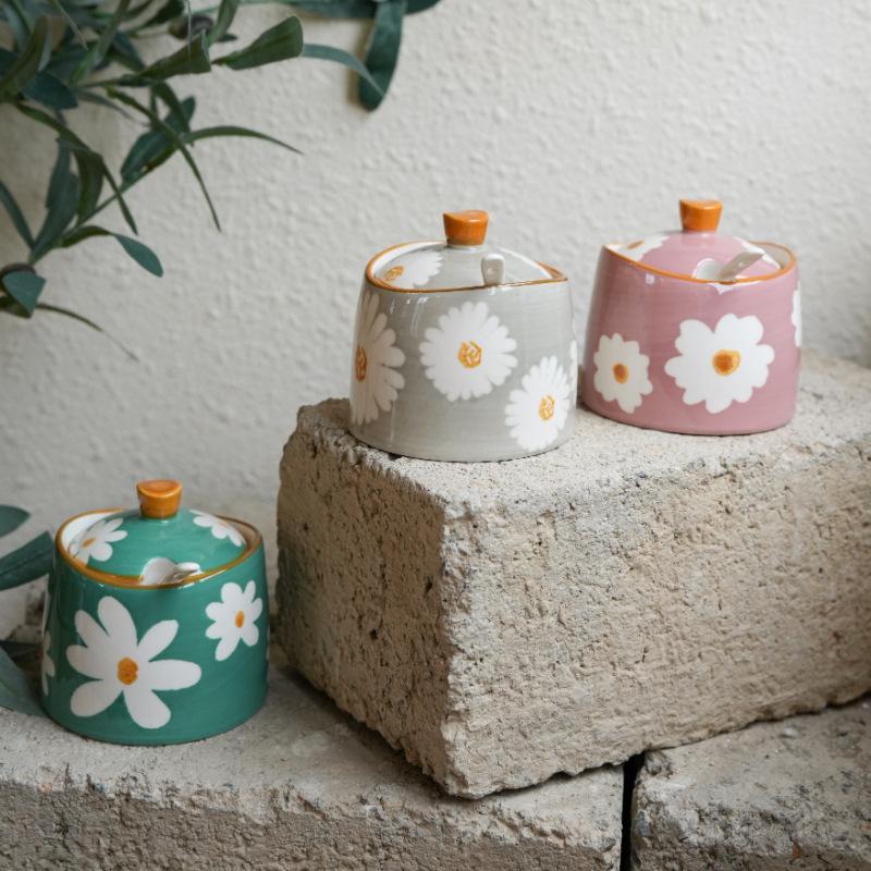 3pcs Ceramic Seasoning Jar, Hand Drawn Pattern Kitchen Seasoning Box, Sugar Jar Salt, Household Chili Oil Jar