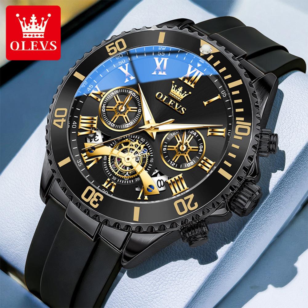 OLEVS Men's Watches Classic Trend Silicone Strap Original Quartz Wristwatch Flywheel Chronograph Waterproof Luminous Date 3730
