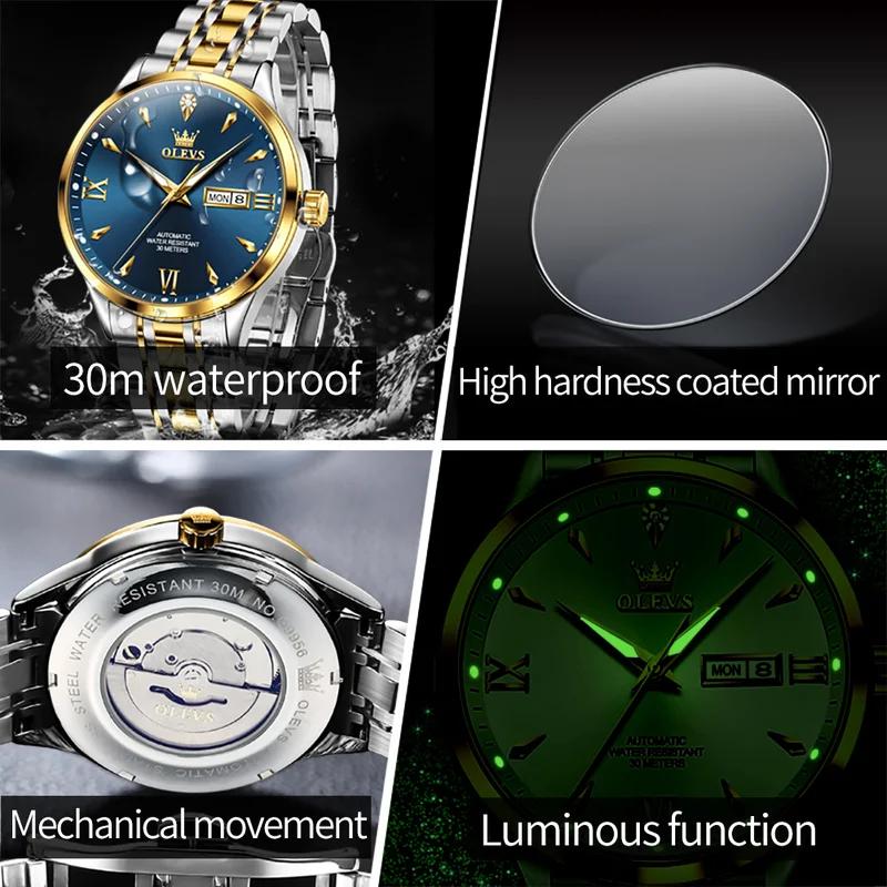 OLEVS Мужские часы класса люкс, мужские автоматические механические часы, водонепроницаемые и светящиеся, из нержавеющей стали, с датой, мужские часы