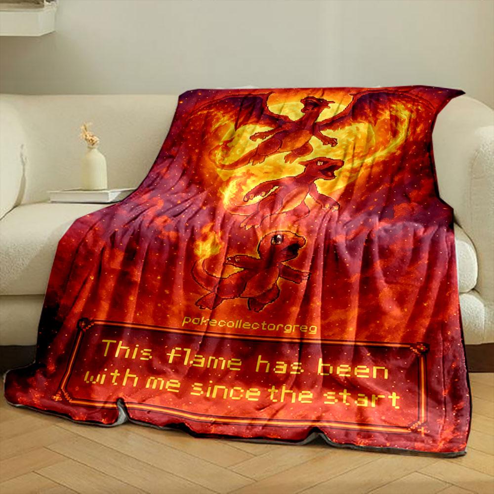 Fiery evolution sequence of Charmander to Charizard against molten flames. for all seasons blanket lunch break throw gift