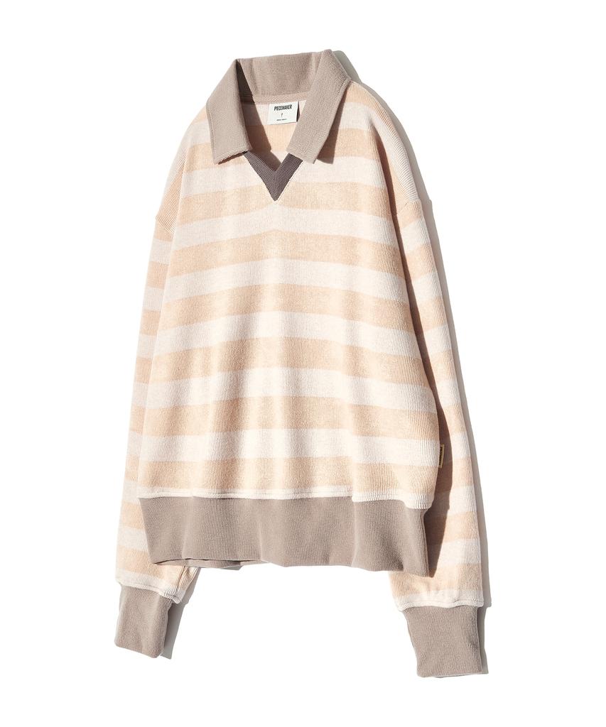 PEACE MAKER Stripe V Neck Collar Knit (Beige)
