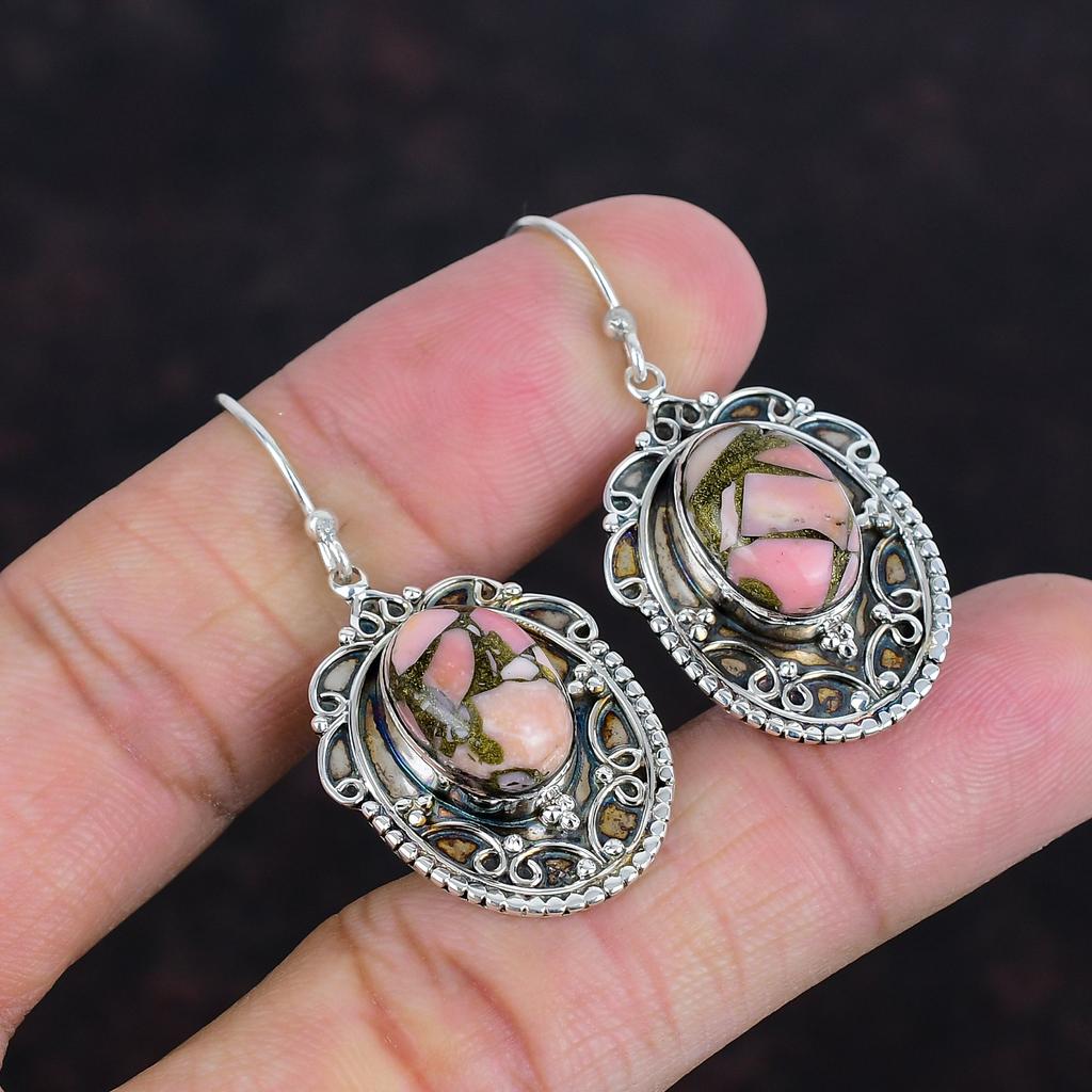 Медные серьги с розовым опалом, винтажные серьги с драгоценными камнями, уникальные ювелирные изделия, серьги из стерлингового серебра 925 пробы, изящные серьги, ювелирные изделия ручной работы, подарки для нее