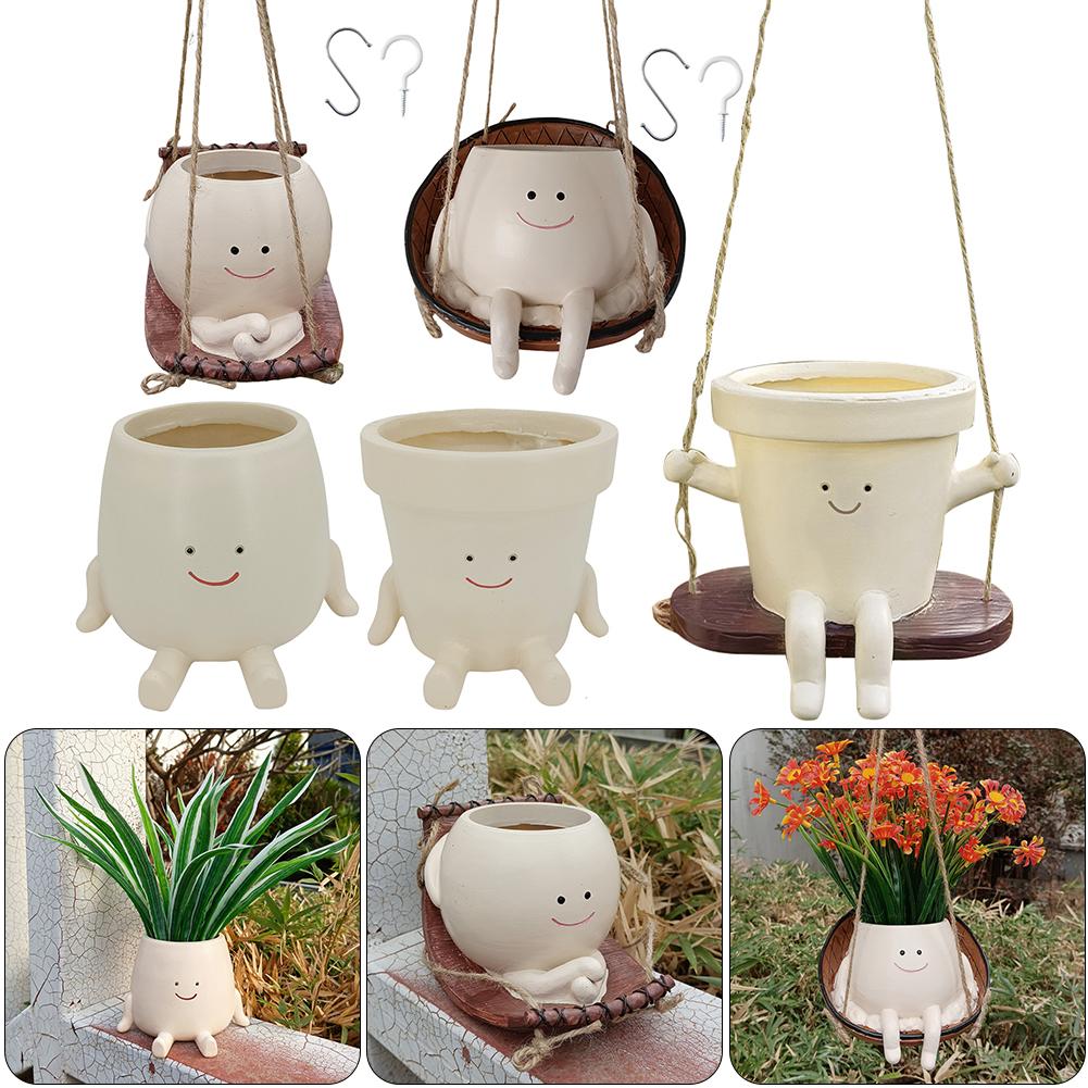 Smiling Face Flower Pot Resin Cute Plant Succulent Pots Creative Hanging Swing Chair Planter for Indoor Outdoor Plant