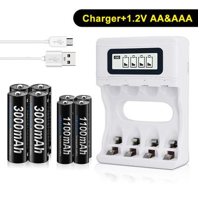 PALO Зарядное устройство USB с ЖК-дисплеем для NiCd NiMh аккумуляторов AA AAA с батареями AA 3000 мАч + батарейками AAA1100 мАч