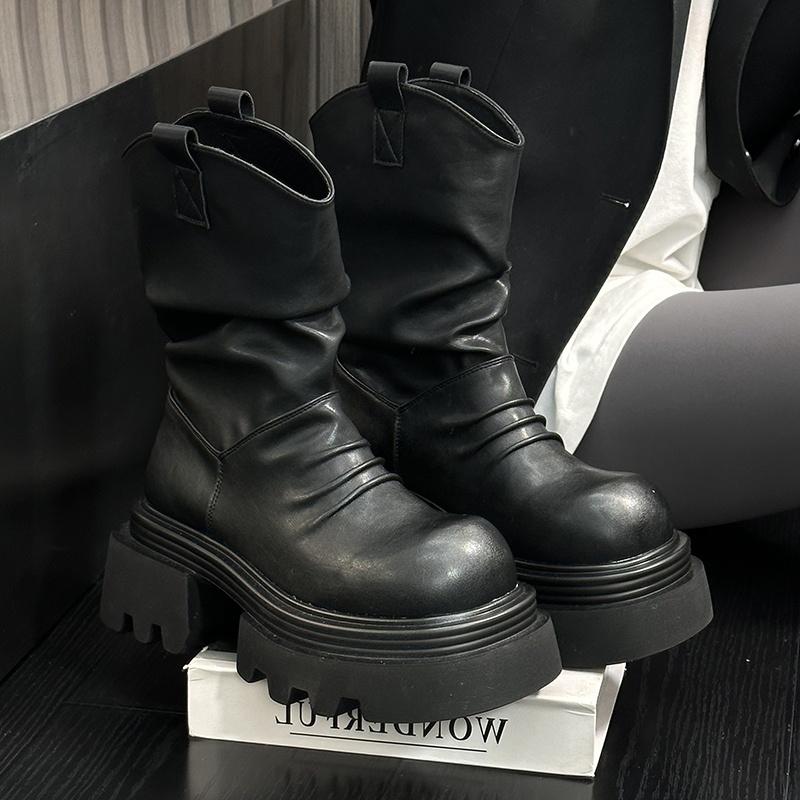 Модные женские кожаные ботильоны на платформе, массивные плиссированные туфли, женская тенденция 2025 года, модные зимние новые зимние ботинки челси, готические женские ботинки