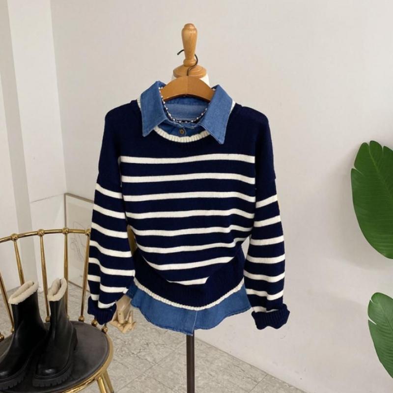 Honey J Women Denim Shirt Layered Color Block Stripe Knit 2 Colors