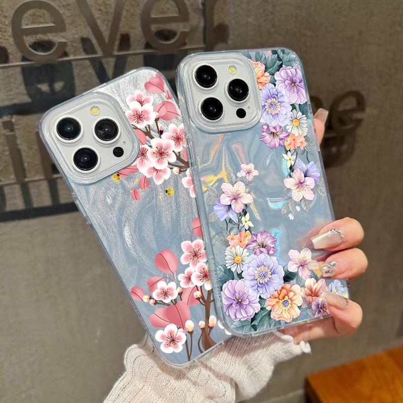 Для iPhone 16 Plus 15 Pro Max 14 Pro 13 12 11 чехол роскошный блестящий цветочный принт глянцевый ударопрочный TPU PC тонкий прозрачный чехол для телефона