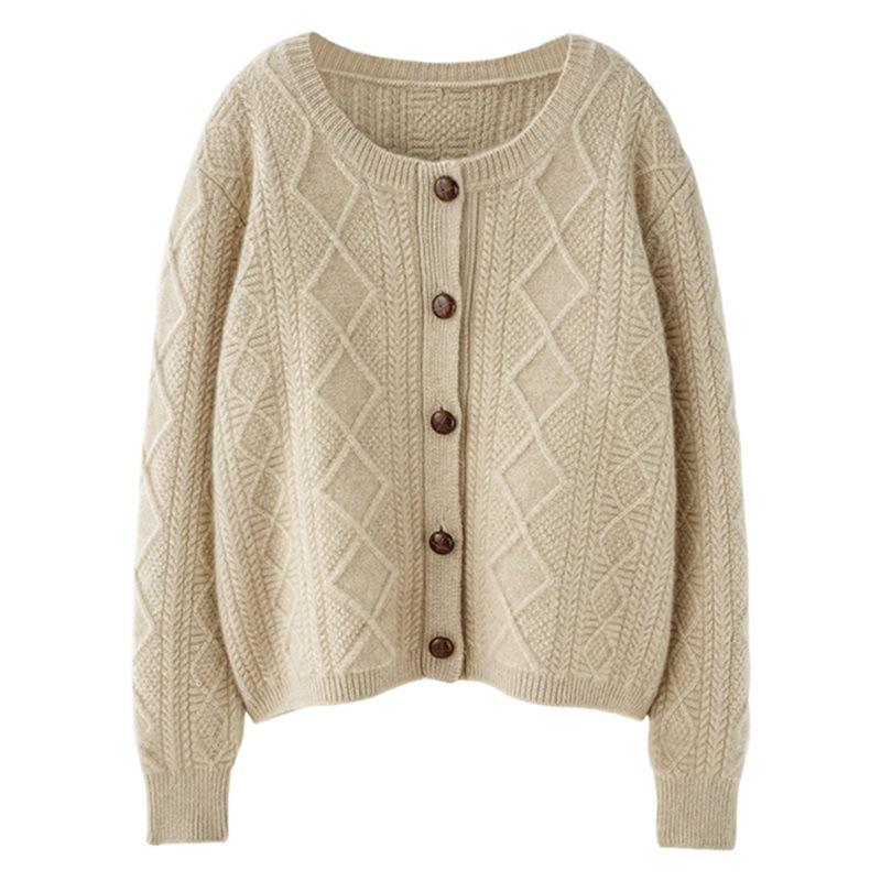 Women's 100% Pure Wool Cable Knit Cardigan – European Style, Thickened, Warm, Loose, Niche Design.