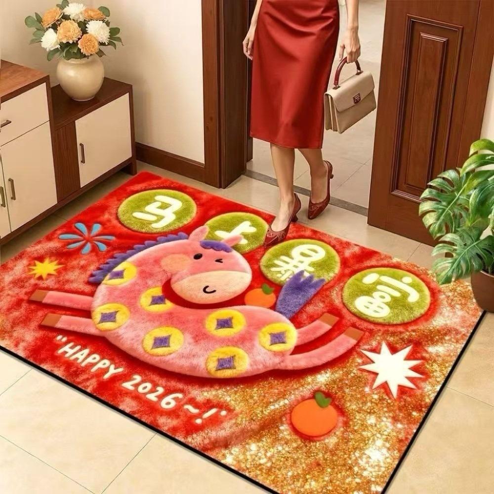 Мультяшный конь Напольный коврик Быстросохнущий Мягкий 2026 Новый год Противоскользящий коврик Счастливые слова благословения Пони Коврик для двери Праздник Весны