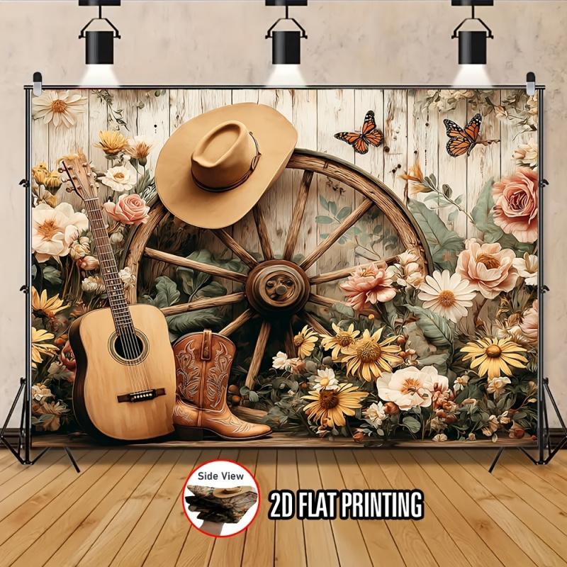 1 piece, 2D flat design, a photography backdrop banner with a rustic cowboy print, perfect for decoration. (wsj)