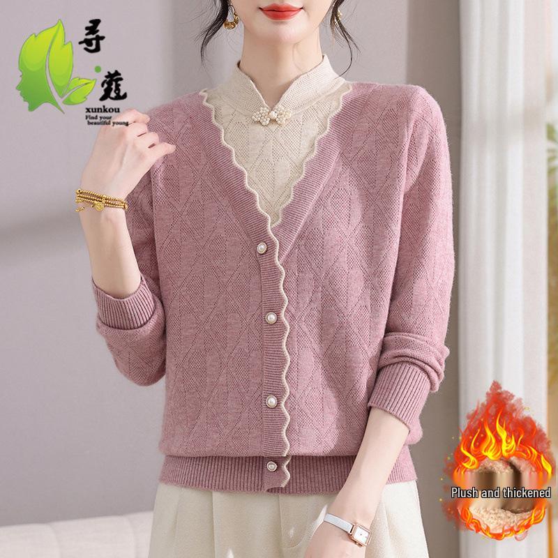 Mom's Winter Velvet Qipao Collar Sweater: Two-Piece Top for Middle-Aged and Elderly Women