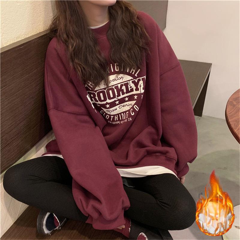 Утолщенный корейский свитшот для женщин с круглым вырезом, с буквами, удобной посадки, парный базовый топ для женщин, женская одежда
