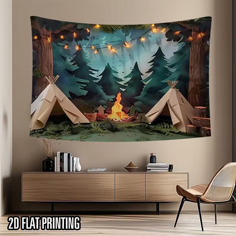 Adventure Camp Forest Backdrop Tent Campfire Scene Background for Party & Live Decoration