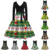 Ladies Casual Fashion V-Neck Long Sleeve Christmas Print Vintage Dress