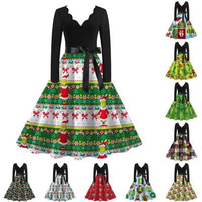 Женское повседневное модное винтажное платье с V-образным вырезом и длинным рукавом с рождественским принтом