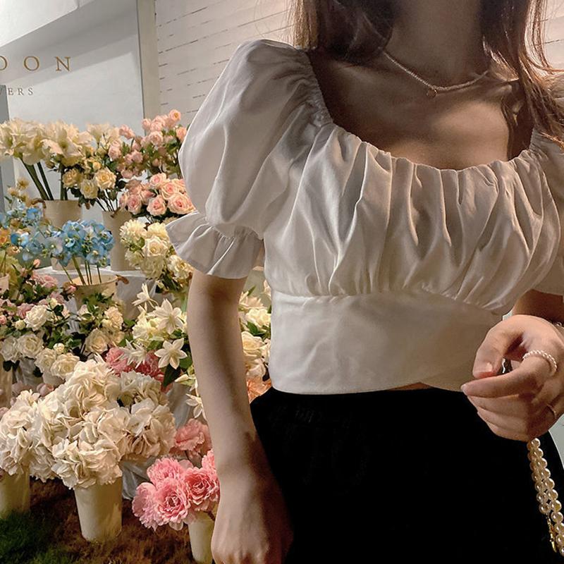 WTEMPO Рубашки с короткими рукавами и бантом, женские летние шикарные повседневные топы, женские однотонные тонкие укороченные топы с квадратным воротником во французском стиле