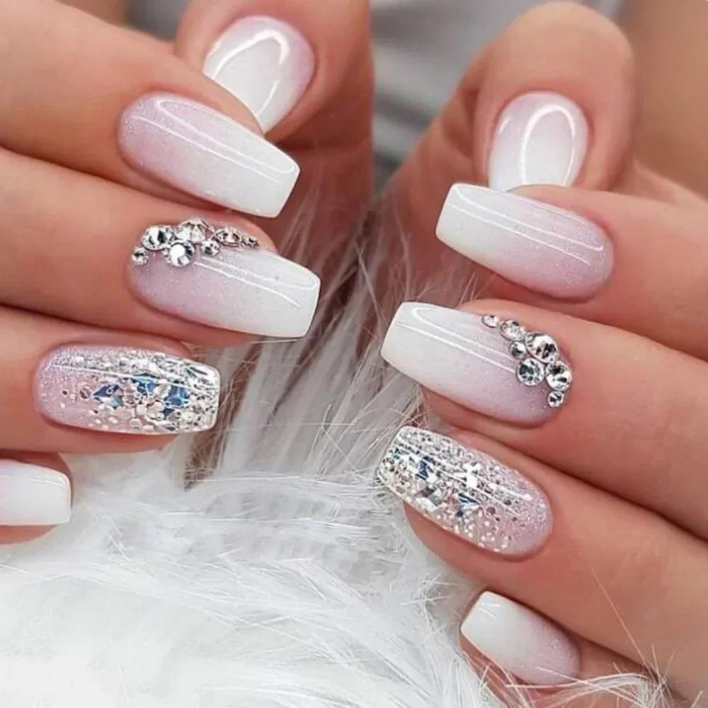 24Pcs Summer False Nails with White French Designs Long Ballerina Fake Nail Wearable Coffin French Nails Tips Press on Nails