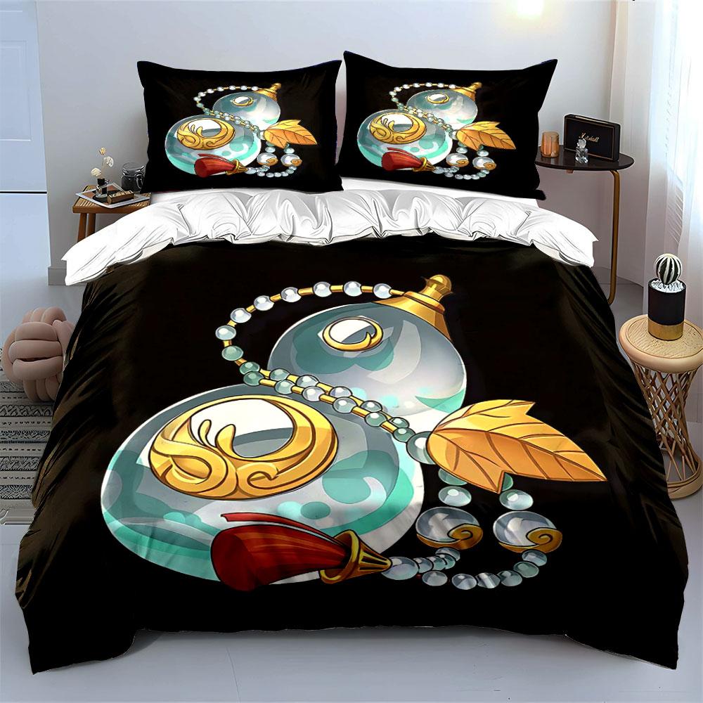 3Pcs Crystal Gourd Bedding Set, Traditional Chinese Hulu Print Duvet Cover + 2 Pillowcases, Luck Feng Shui Decor