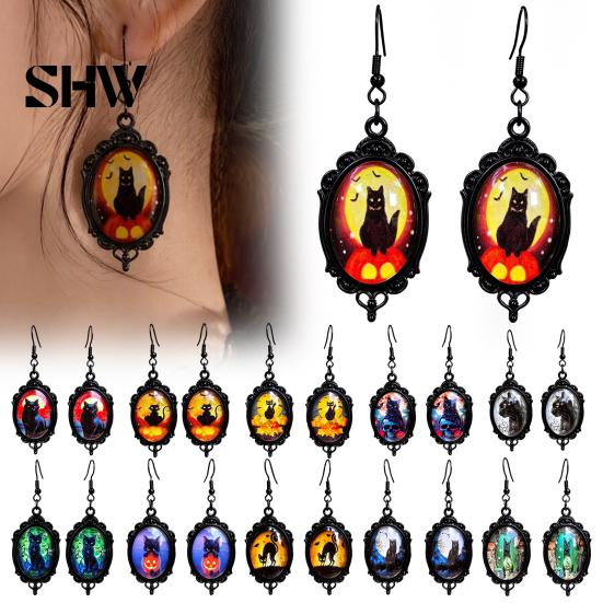 Versatile Dark Style Daily Wear Accessories 1 Pair Halloween Gothic Black Cat Earrings for Women, Vintage Jewelry with Skull Bat Patterns Punk Dangle