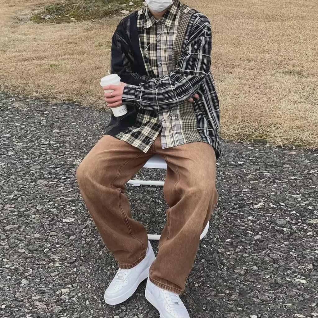 Мужская клетчатая рубашка в стиле ретро с длинным рукавом — американский уличный стиль, вдохновленный японской культурой, идеально подходит для весны и осени.