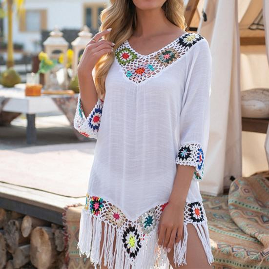 Bikini Cover Up Hollow Out Crochet Patchwork Summer Loose-fitting Sun Protection Swimwear Tunic for Beach