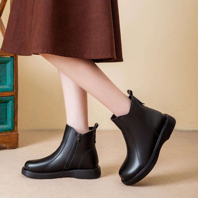 Genuine Leather Women Boots Winter Cow Leather Short Boots Female Plush Warm Warm Flats Ankle Boots Mother Shoes Woman WSH5241